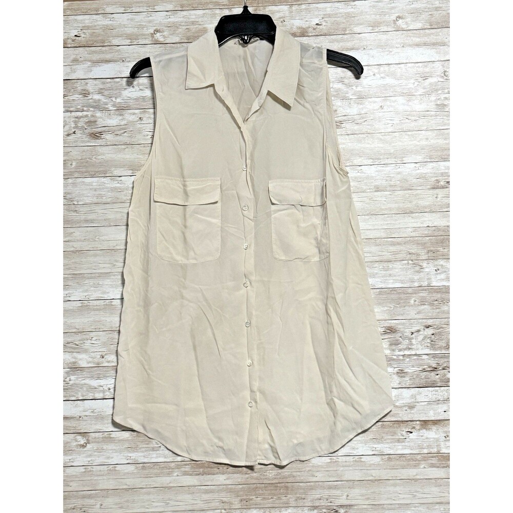 Equipment Femme Womens M Beige 100% Silk Shirt Button Front Sleeveless Tank
